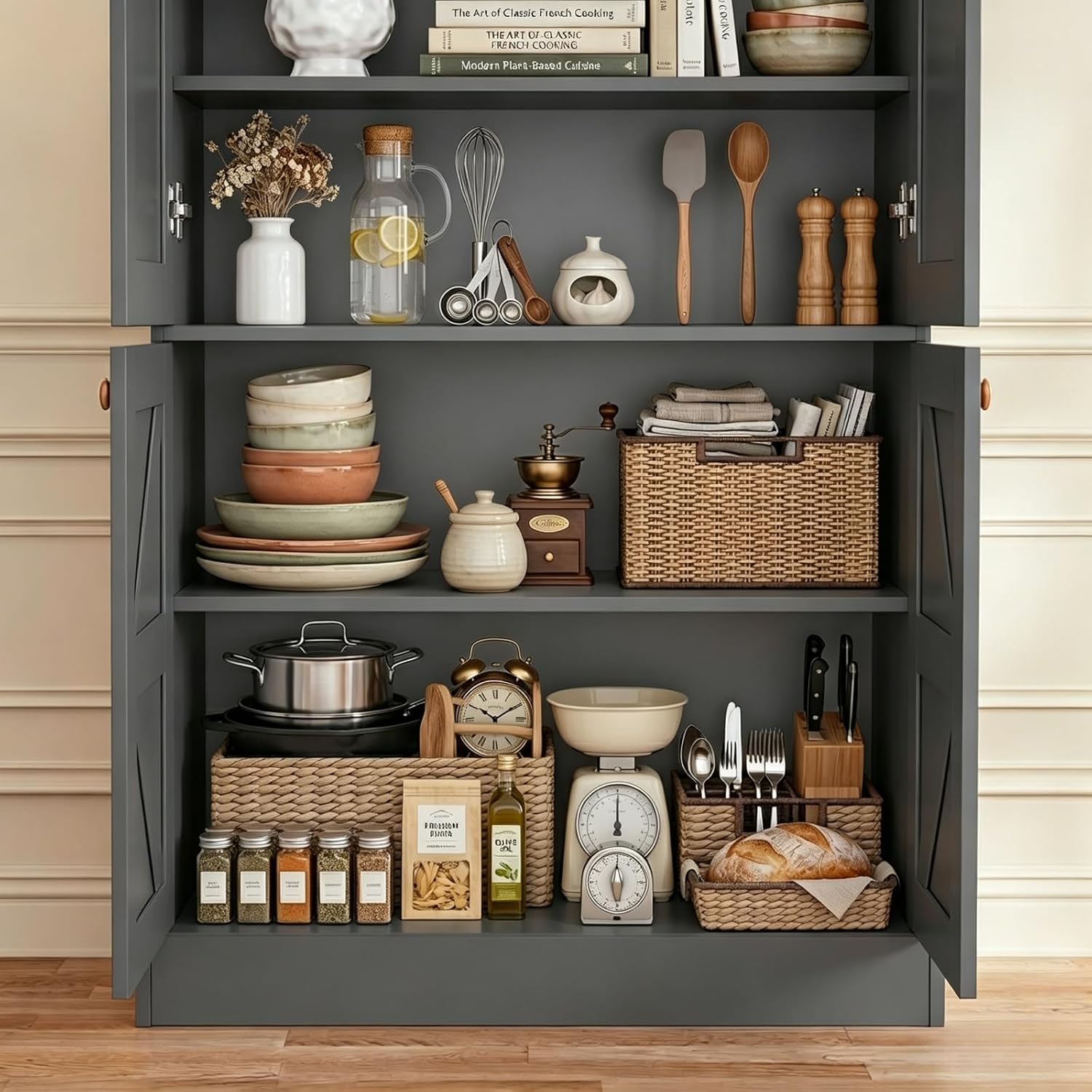 Vyre 71" Tall Farmhouse Kitchen Pantry, Set of 3 Large Storage Cabinets with Glass Doors, Freestanding Wood Hutch Cabinet with 3 Drawers, Adjustable Shelves for Living Room, Dining Room, Black