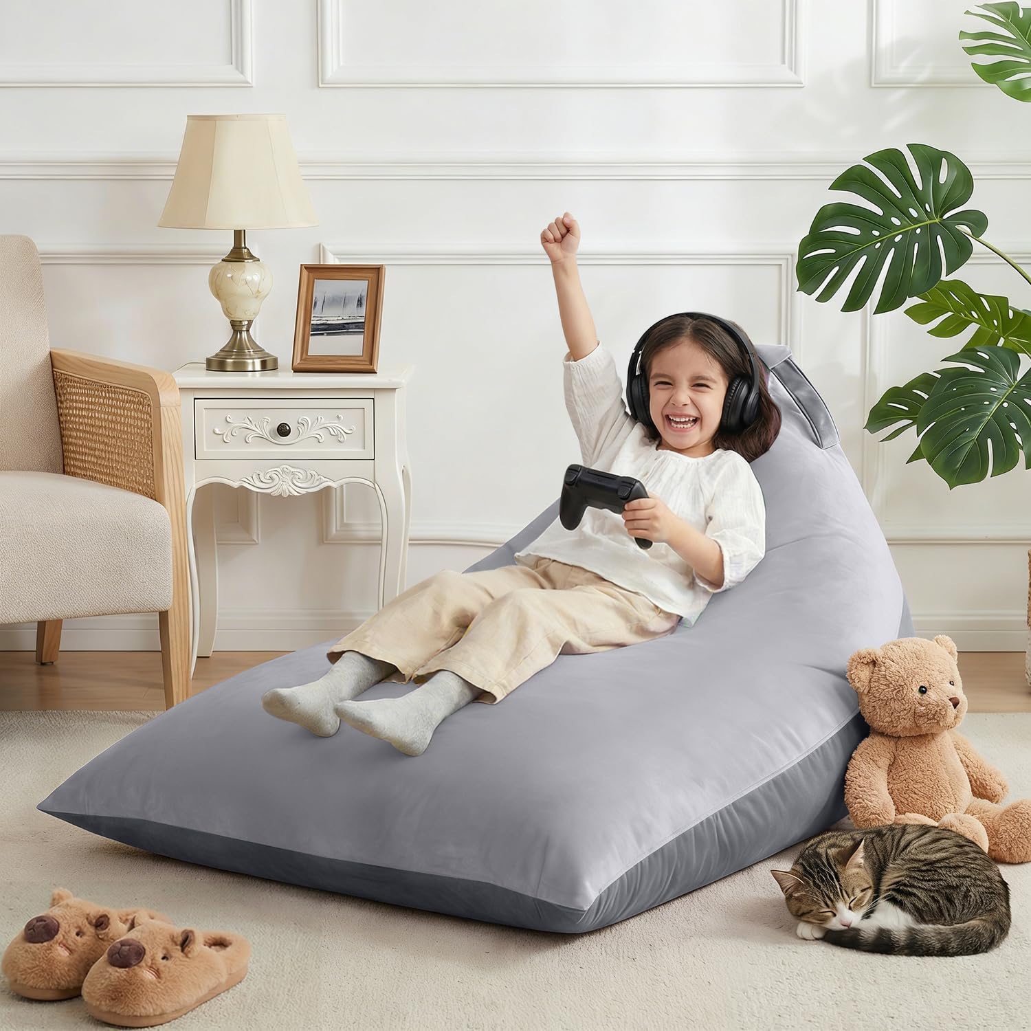 400L Stuffed Animal Storage Bean Bag Chair Cover, Grey | Extra Large Triangular, Ultra Soft Premium Velvet, Washable Lazy Sofa Cover, No Filler, Storage for Kids Stuffed Toys