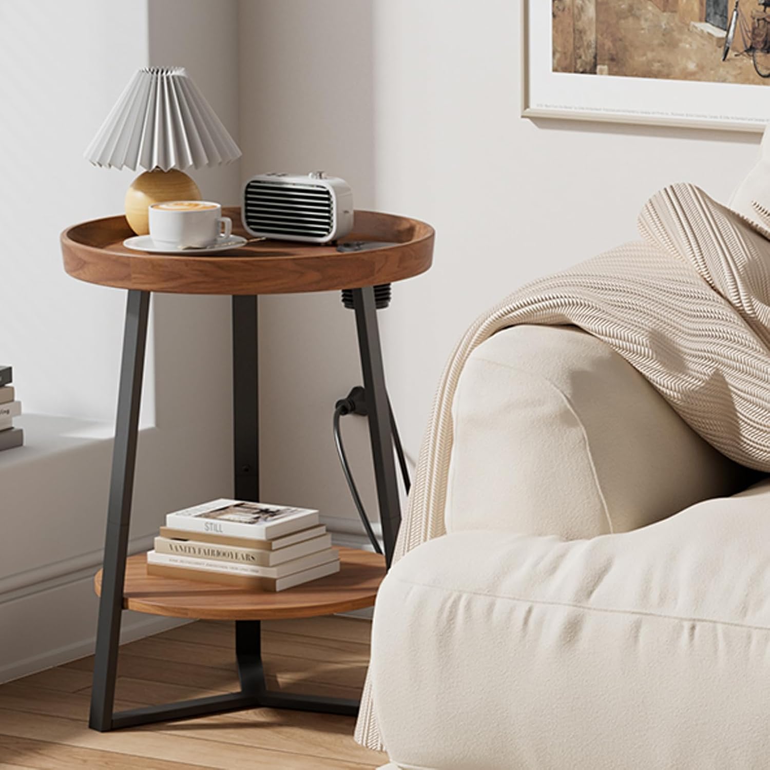 Gadroad Round End Table with Charging Station, Wood Tabletop & Black Metal Frame, 2 Tier Farmhouse Side Table Nightstand for Living Room, Bedroom, Brown 15.7 * 15.7 * 23.0inches