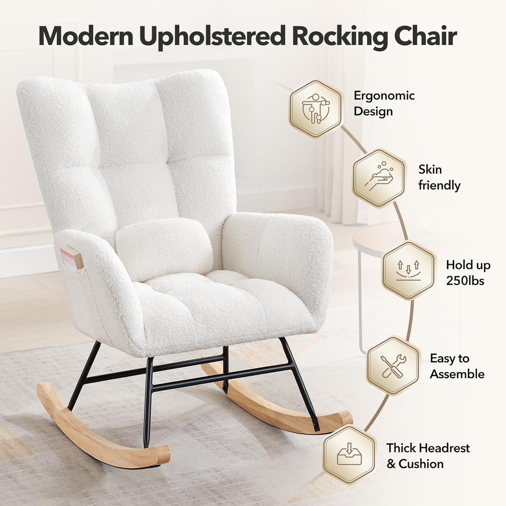 GarveeLife Nursery Rocking Chair,Teddy Upholstered Padded Seat Rocking Chair with High Backrest,Modern Accent Recliner for Living Room, Bedroom, Cozy Reading