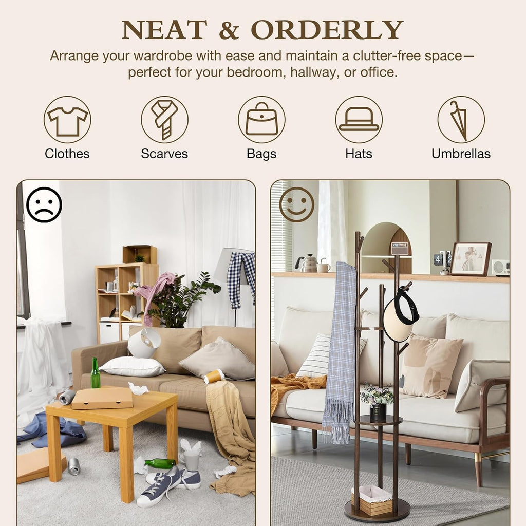 Wood Coat Rack Freestanding Rotary Coat tree with 3 Shelves and 9 Hooks | Heavy Duty Coat Rack Coat Hanger Stand for Entryway, Bedroom, Living Room – Holds Jackets, Coats, Hats, Bags (Walnut)