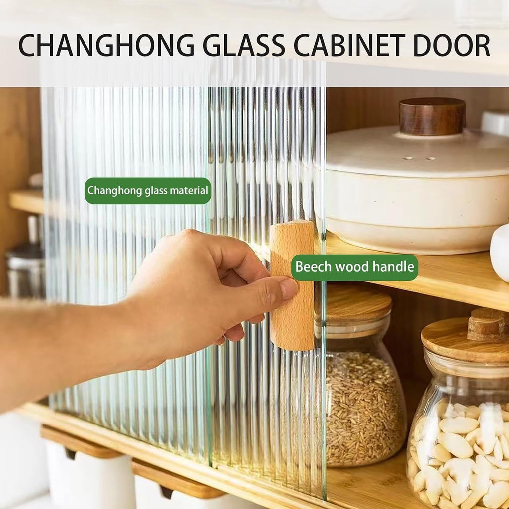 Bamboo Countertop Storage Cabinet Kitchen Pantry with Large Capacity & Acrylic Sliding Door Bread Container for Kitchen Long-Lasting(Black)