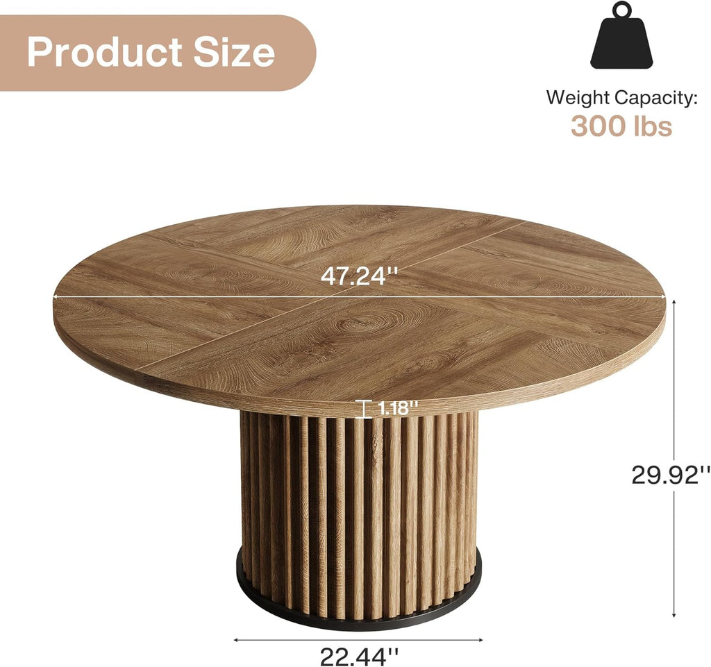 Tribesigns 47.24-Inch Brown Round Dining Table for 4-6 People, Modern Fluted MDF + Metal Base Kitchen Table, Sturdy Circle Dining Room Furniture, Brown