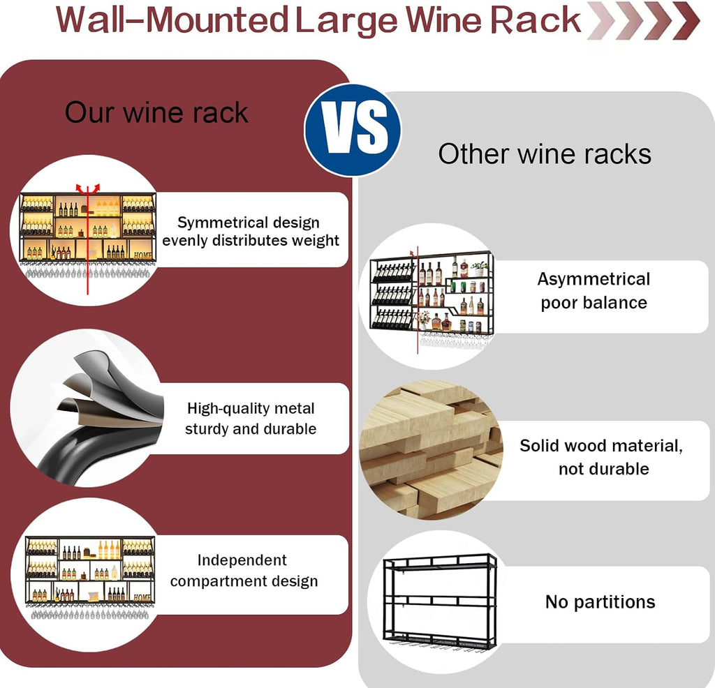 3 Tiers Large Wall Mounted Wine Rack with Glass Holder, Modern Metal Hanging Liquor Shelves, Holds Bottles at 2 Tilt Angles (45° 90° ) for Bar Home Bar Dining Room Cafe Decorative (Black, 59in/150cm)