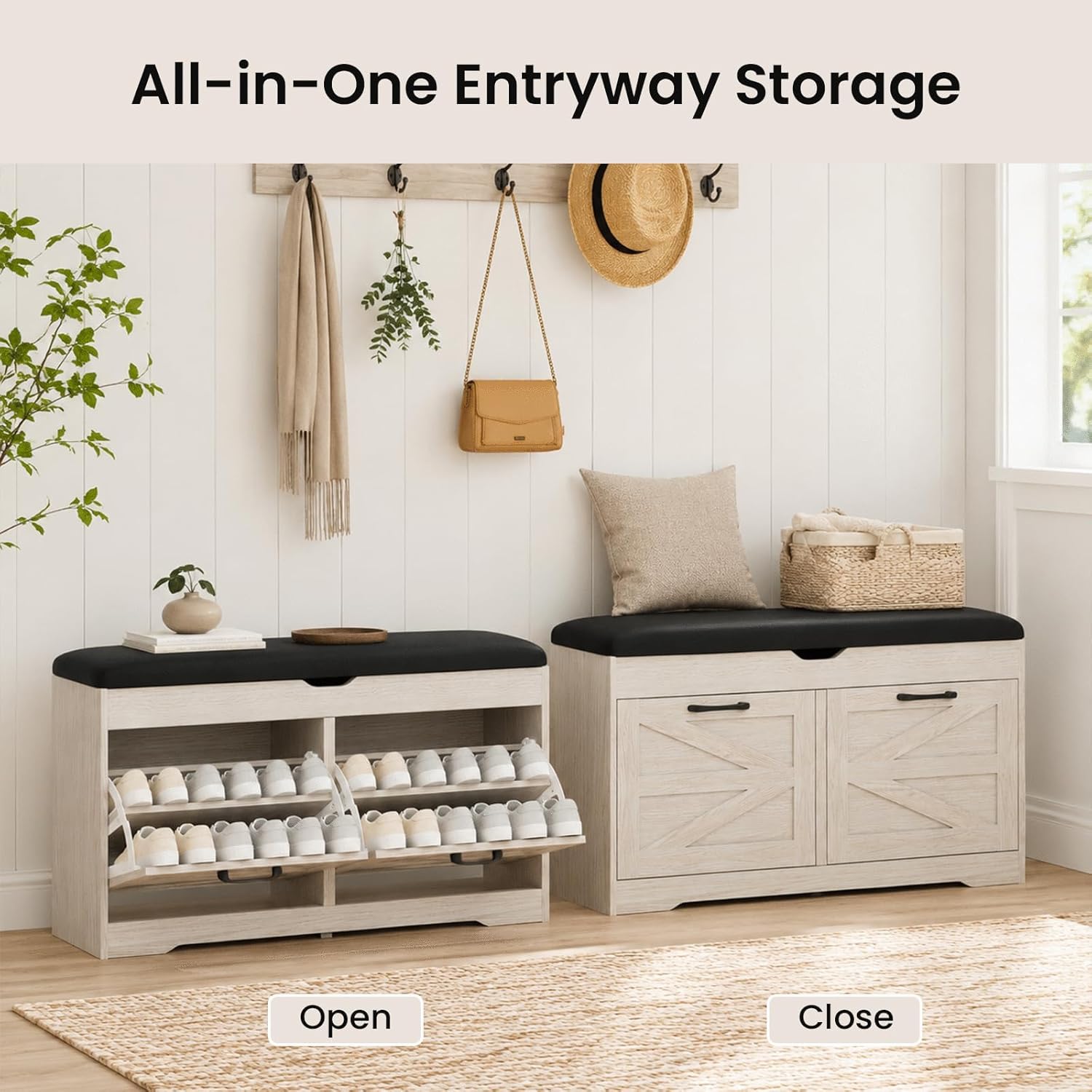 39" Shoe Storage Bench with Padded Seat Cushion & Lift Top Storage Box & 2 Flip Drawers, Small Entryway Shoe Rack Bench with 2 Doors and Adjustable Shelf, Shoes Cabinet for Hallway, Living Room, White