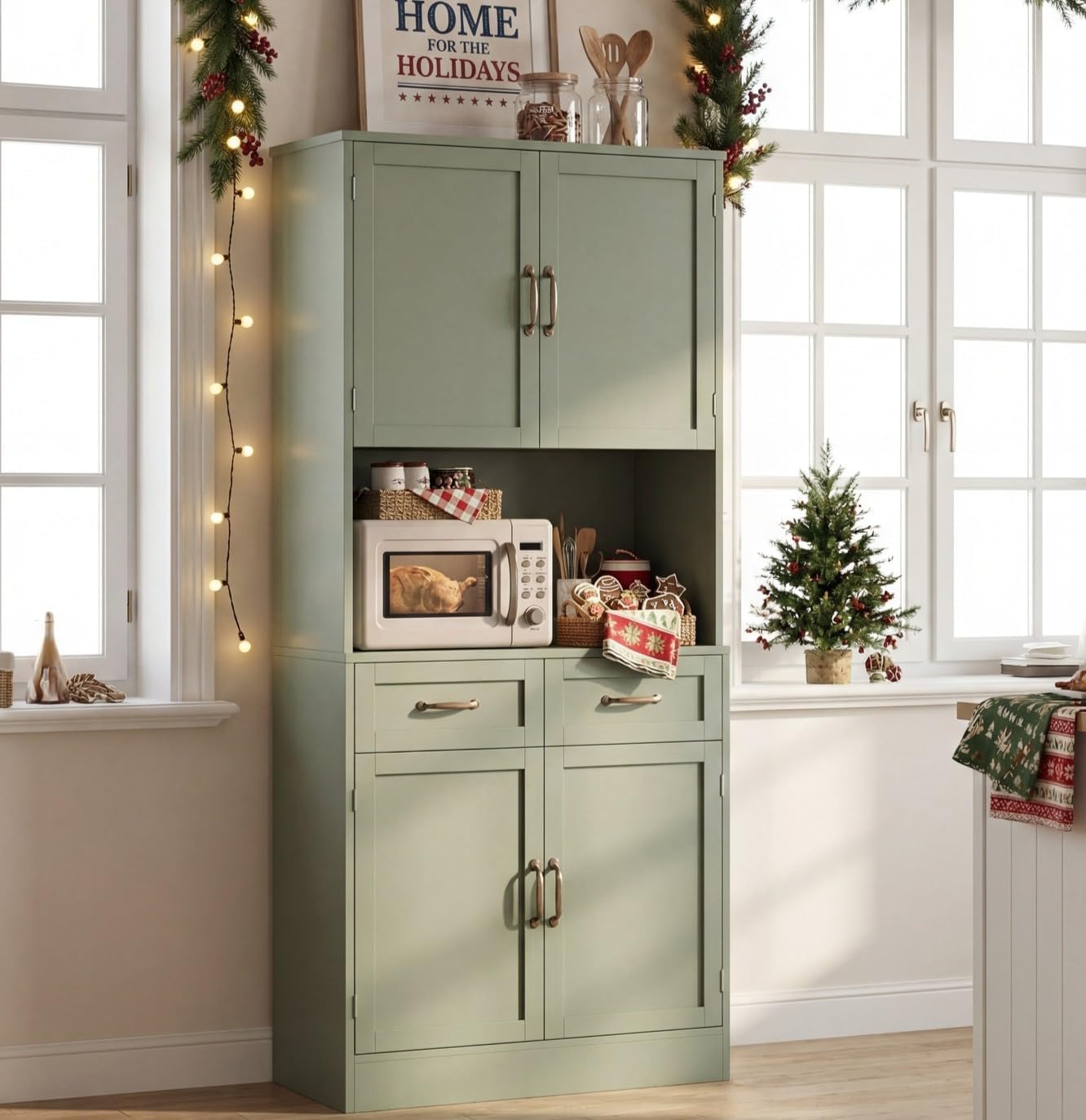 HOSTACK 71“ Tall Kitchen Pantry Storage Cabinet, Modern Kitchen Hutch Bar Cabinet with Microwave Stand, Wood Buffet Sideboard with Hutch, Cupboard with Drawers, Shelves for Dining Room, Green