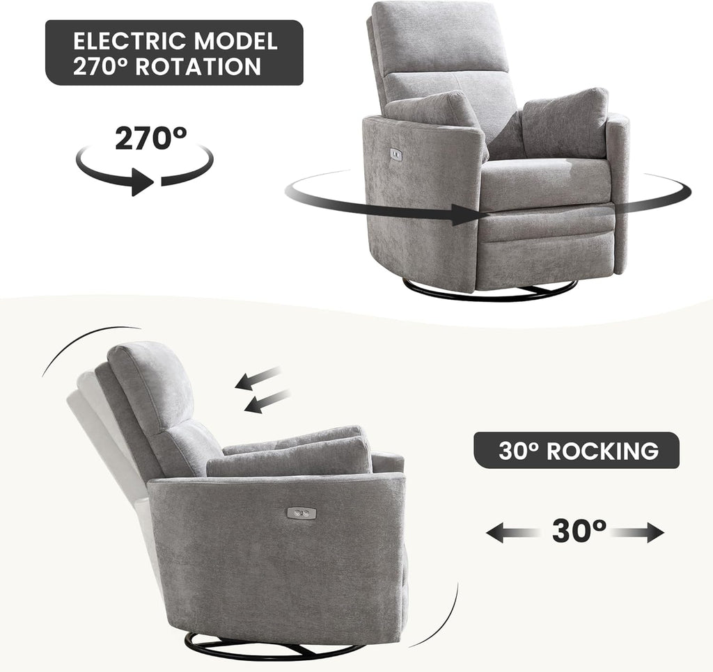 Power Recliner,Nursery Swivel Glider Rocking Chair with USB Port,Upholstered Adult Recliner Nursery Rocker Chair with 2 Pillows for Living Room Bedroom Nursery(Lightgrey, Power-Driven)