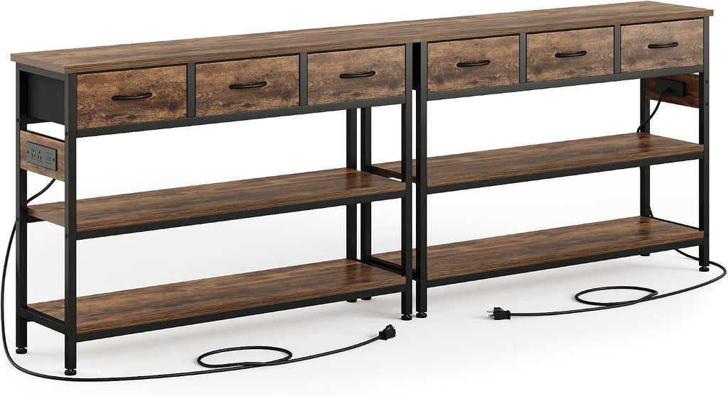 2 Pack Entryway Table with Outlets, 3 Fabric Drawers, 43in | 43.3"W x 11.8"D entry table with 2 outlets, 2 USB ports, swappable plug side, adjustable feet and anti-tip kit.