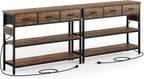 2 Pack Entryway Table with Outlets, 3 Fabric Drawers, 43in | 43.3"W x 11.8"D entry table with 2 outlets, 2 USB ports, swappable plug side, adjustable feet and anti-tip kit.