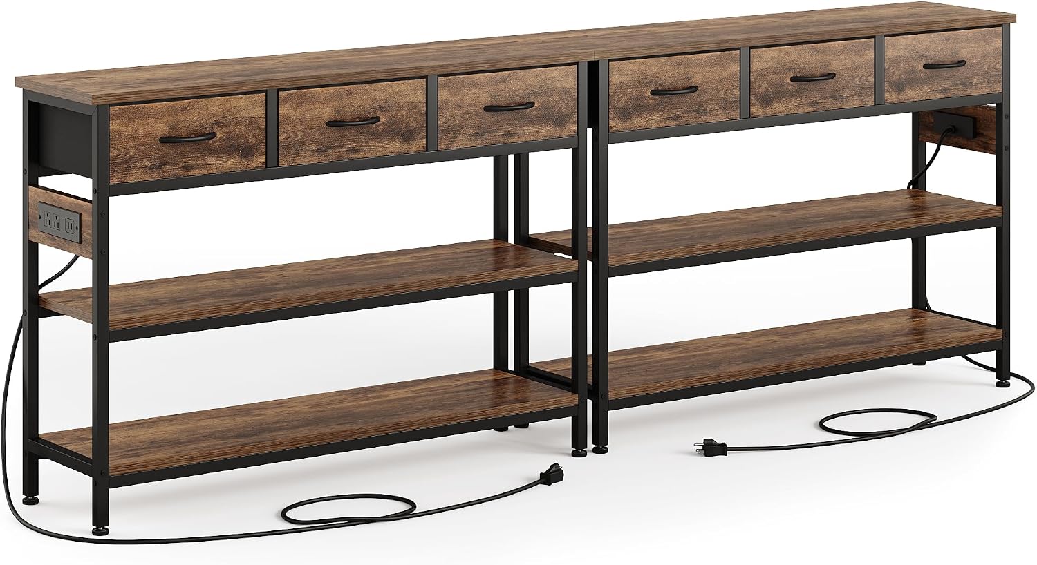 2 Pack Entryway Table with Outlets, 3 Fabric Drawers, 43in | 43.3"W x 11.8"D entry table with 2 outlets, 2 USB ports, swappable plug side, adjustable feet and anti-tip kit.