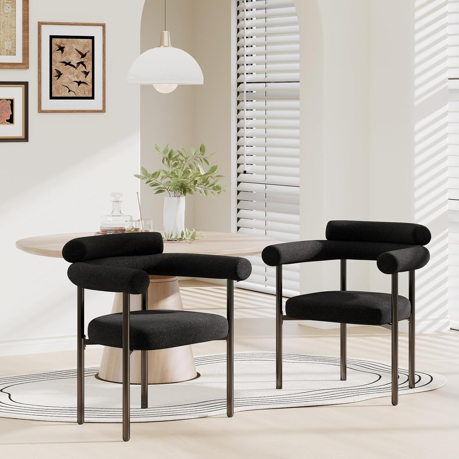 STHOUYN Modern Black Dining Chairs Set of 4 for Kitchen & Dining Room, Boucle Dining Chair with Arms, Barrel Dinner Chairs with Metal Legs & Curved Backres (4PCS, Black)