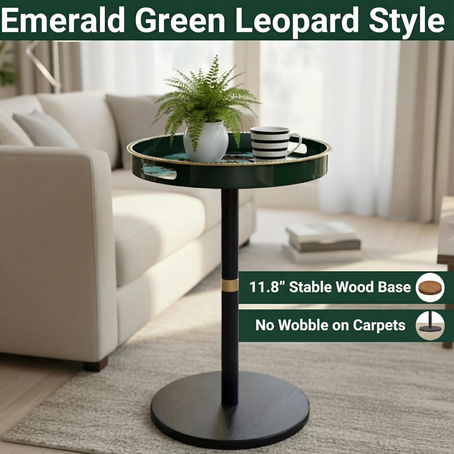 Gesodant Boho Single Leg Round Side Table with Tray Top, Pedestal Drink Table for Small Spaces, Aesthetic Accent Nightstand for Living Room, Bedroom, Corners, and Office (Green Leopard)
