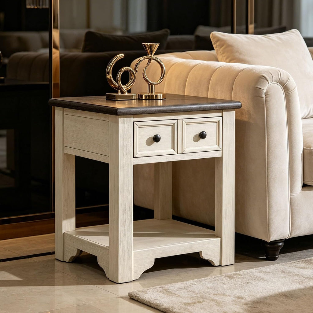 Farmhouse End Table with Drawers,Side Table with Storage,Wood Nightstand, Coffee Tables for Living Room,Entryway Table for Small Spaces,Small Side Table for Living Room, Bedroom, Kitchen