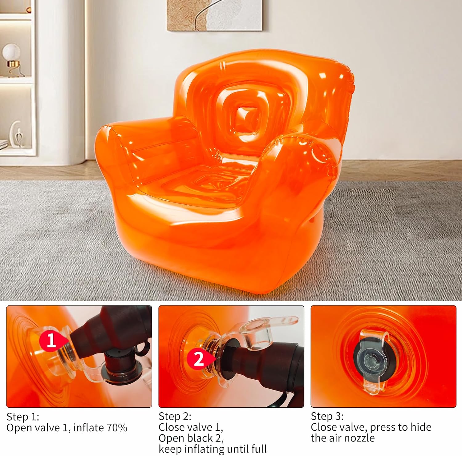 Inflatable Chair Blow Up Sofa with Electric Pump, Transparent PVC Couch Single Seat for Adults, Indoor Outdoor Furniture Air Sofa for Bedroom Camping Pool 300LB (Orange)