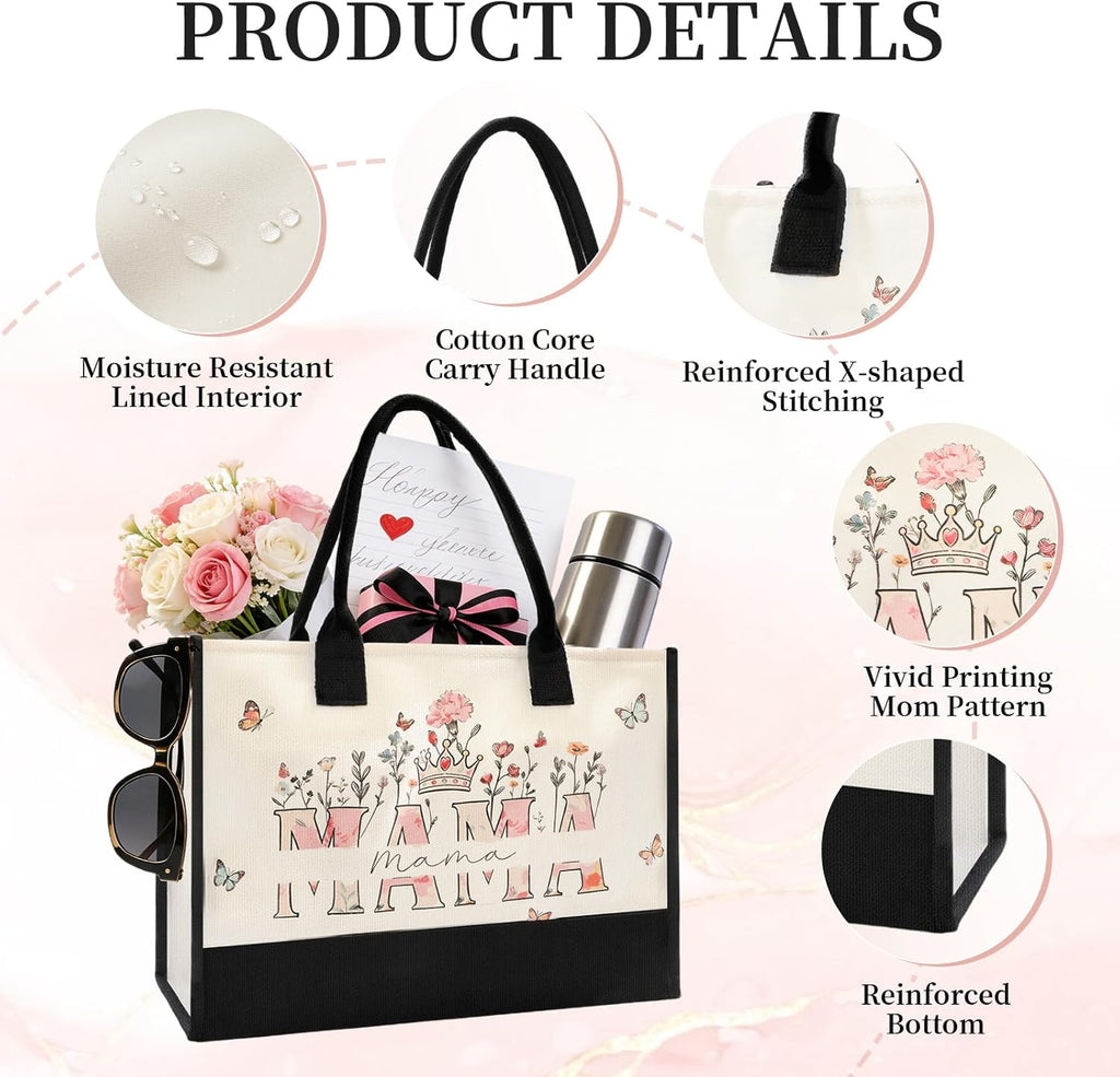 Mothers Day Gifts for Mom - Spacious Canvas Tote Bag for Women, Beautiful Floral Print New Mom Birthday Gifts, Sturdy Ties & Bottom Reusable Grocery Bags, Mama Gift for Shopping Beach Travel Work