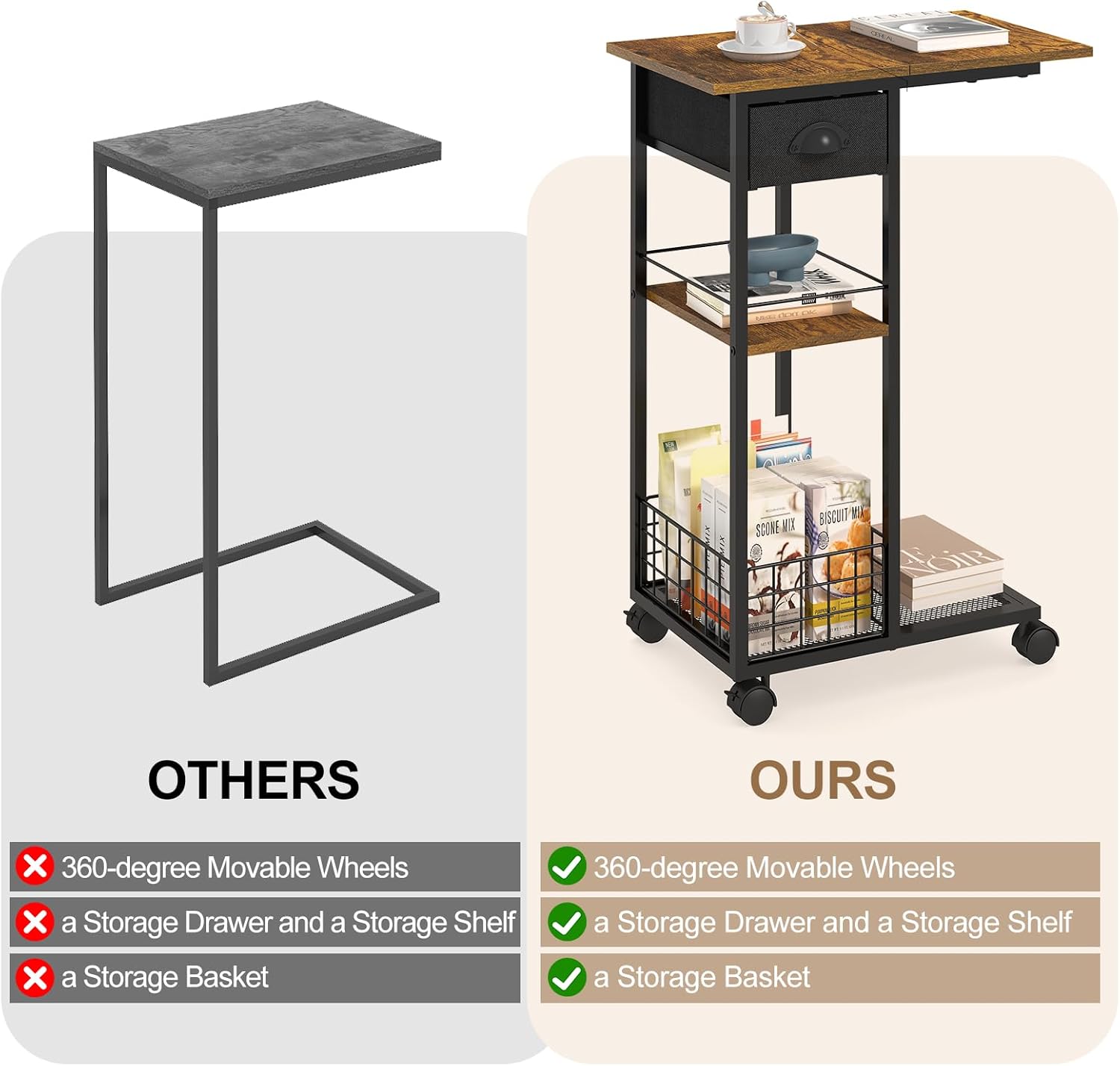 Hayexiha 3-Tier Side Table with Wheels and 360° Rotation, C Table with Drawer, End Table for Couch, Space Saving Small Desk for Narrow Space, TV Tray, Vintage Bedside Table for Living Room, Bedroom