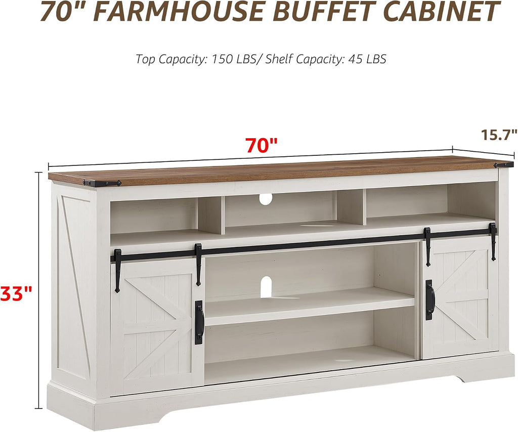 OKD 70" Farmhouse Buffet Cabinet w/Sliding Barn Door, Antique White | 2 Storage Cabinets, Large Open Shelf, Rustic Sideboard, Wood Coffee Bar, Dining Room, Kitchen, Living Room