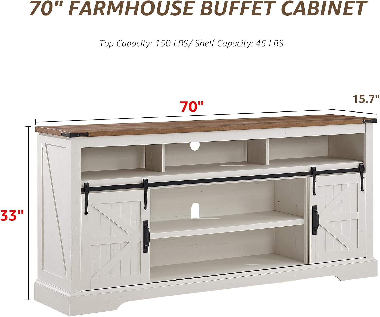 OKD 70" Farmhouse Buffet Cabinet w/Sliding Barn Door, Antique White | 2 Storage Cabinets, Large Open Shelf, Rustic Sideboard, Wood Coffee Bar, Dining Room, Kitchen, Living Room