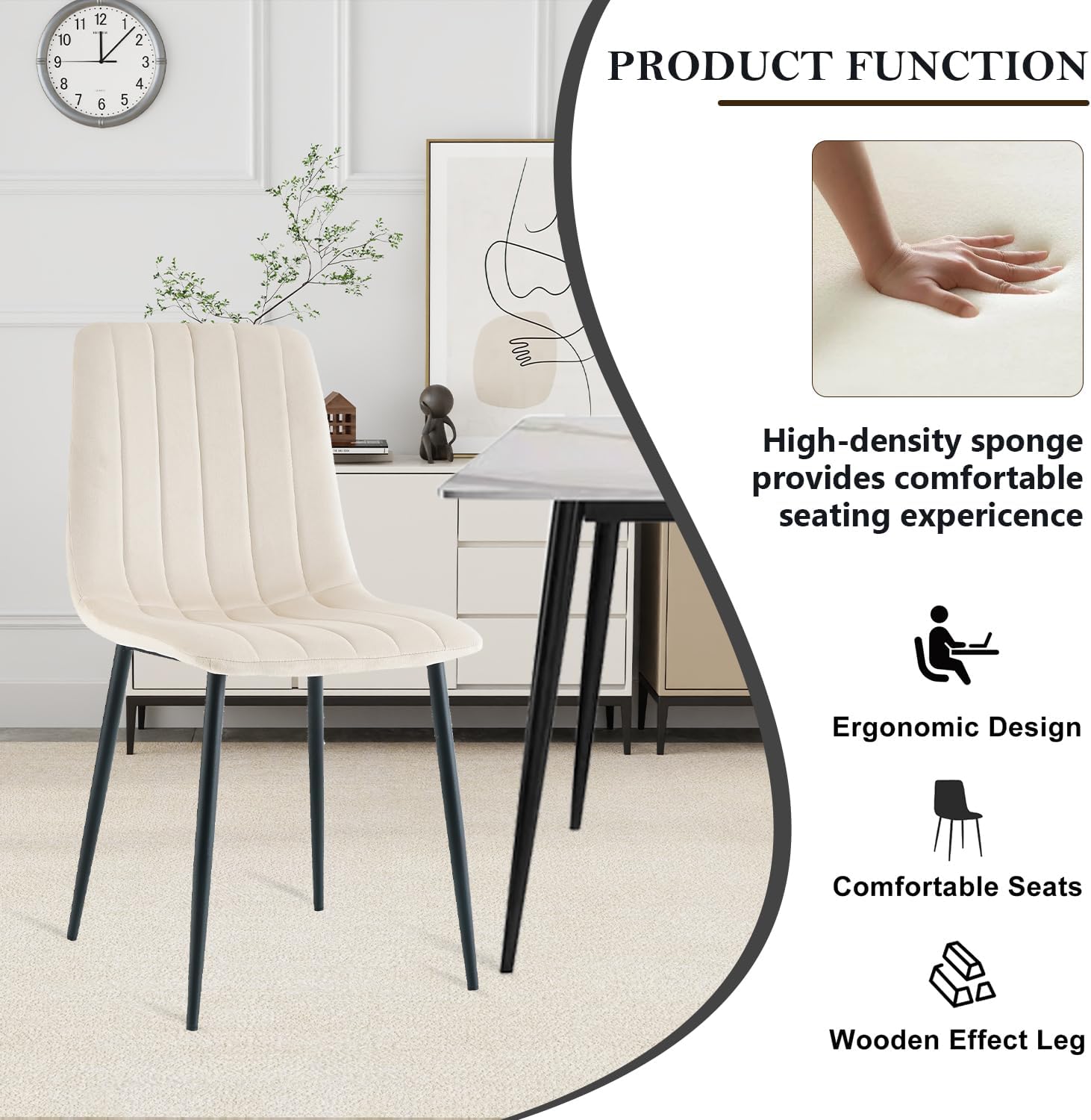 5 Piece Circle Dining Table Set for 6, 47 Inch Wood Dining Table & Cream Velvet Upholstered Chairs with Sturdy Black Metal Legs, Round Kitchen Table Set for Kitchen Dining Room, Living Room