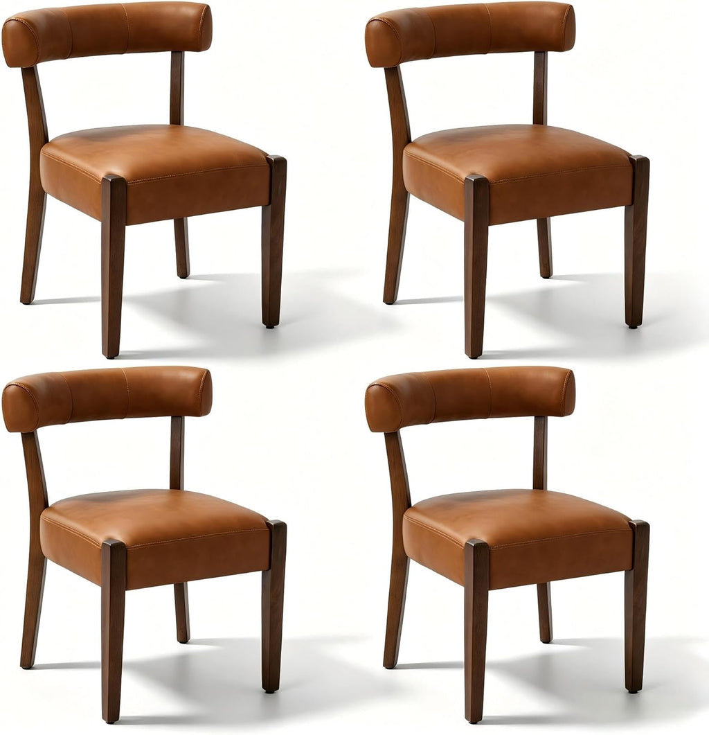 RNKSFX Modern Dining Chairs Set of 4, Faux Leather Upholstered Kitchen & Dining Room Chairs, Mid Century Modern Wooden Dining Chairs Oversized Sturdy Rounded Chairs Curved Back, Brown