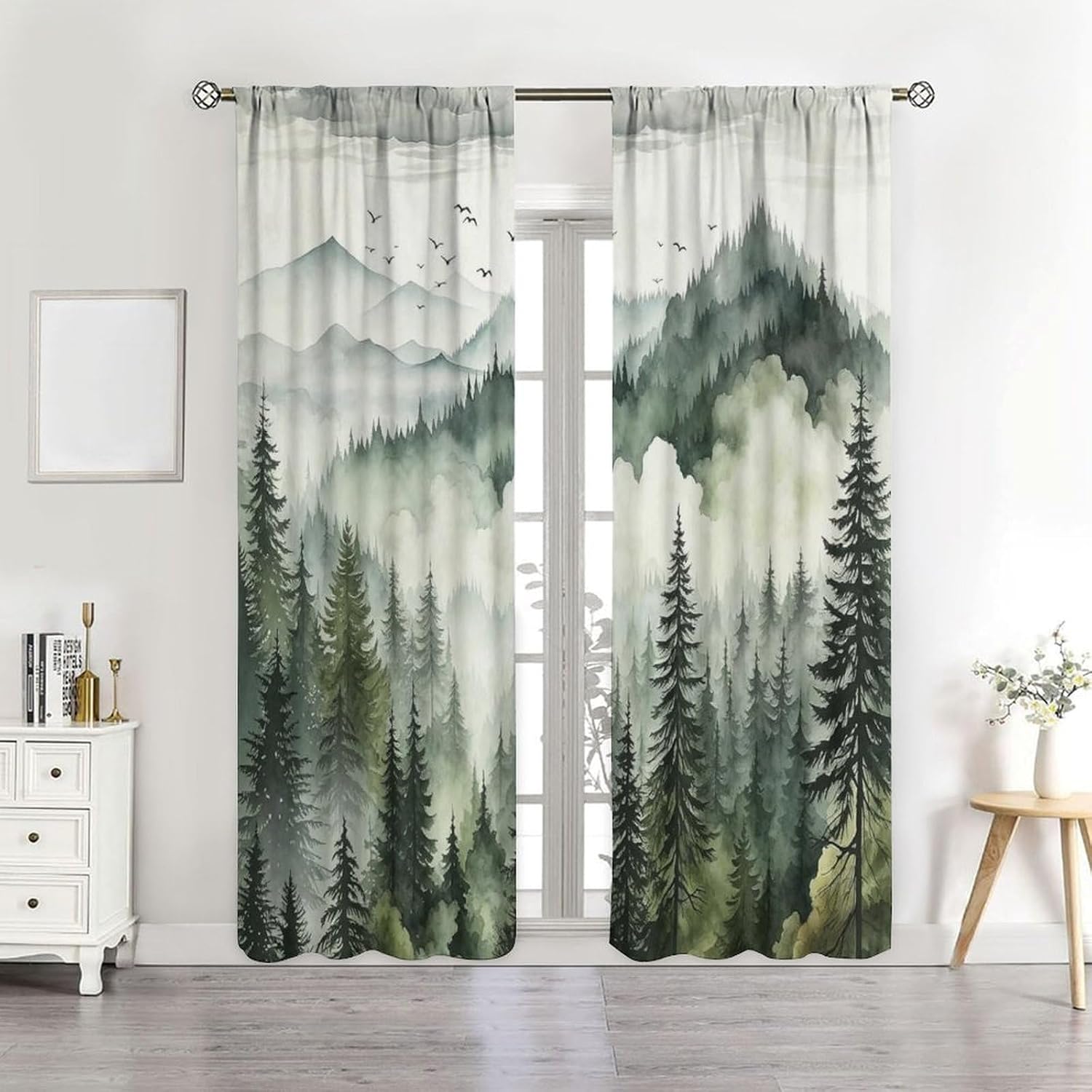 Woodland Curtains Nature Forest Theme, Vintage Rustic Watercolor Green Misty Landscape Print Rod Pocket Drapes for Kitchen Bathroom Living Room Kids Room, 2 Panels W52 x L84 Inch
