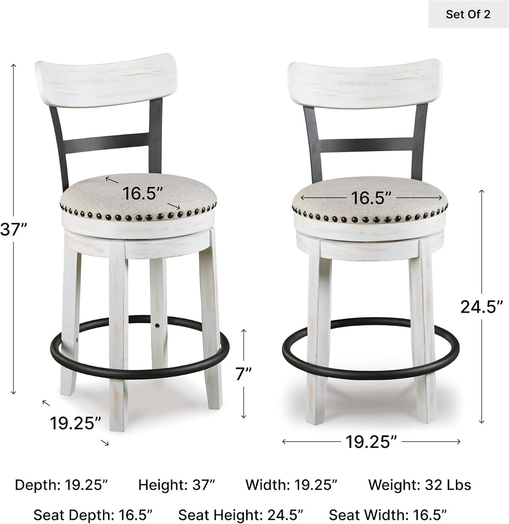 Signature Design by Ashley Valebeck Barstool, Rustic-Industrial Counter Height Chair, 360° Swivel, Wood & Metal Frame, Cushioned Seat, Ideal for Kitchen Island with Seating, Vintage White