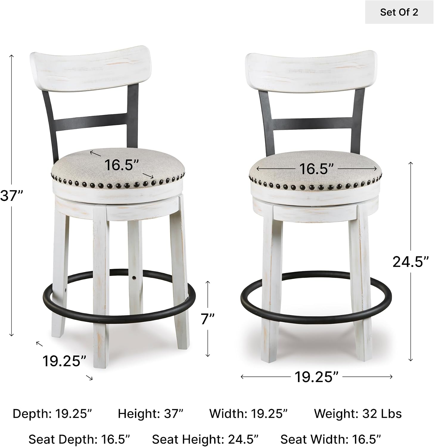 Signature Design by Ashley Valebeck Barstool, Rustic-Industrial Counter Height Chair, 360° Swivel, Wood & Metal Frame, Cushioned Seat, Ideal for Kitchen Island with Seating, Vintage White