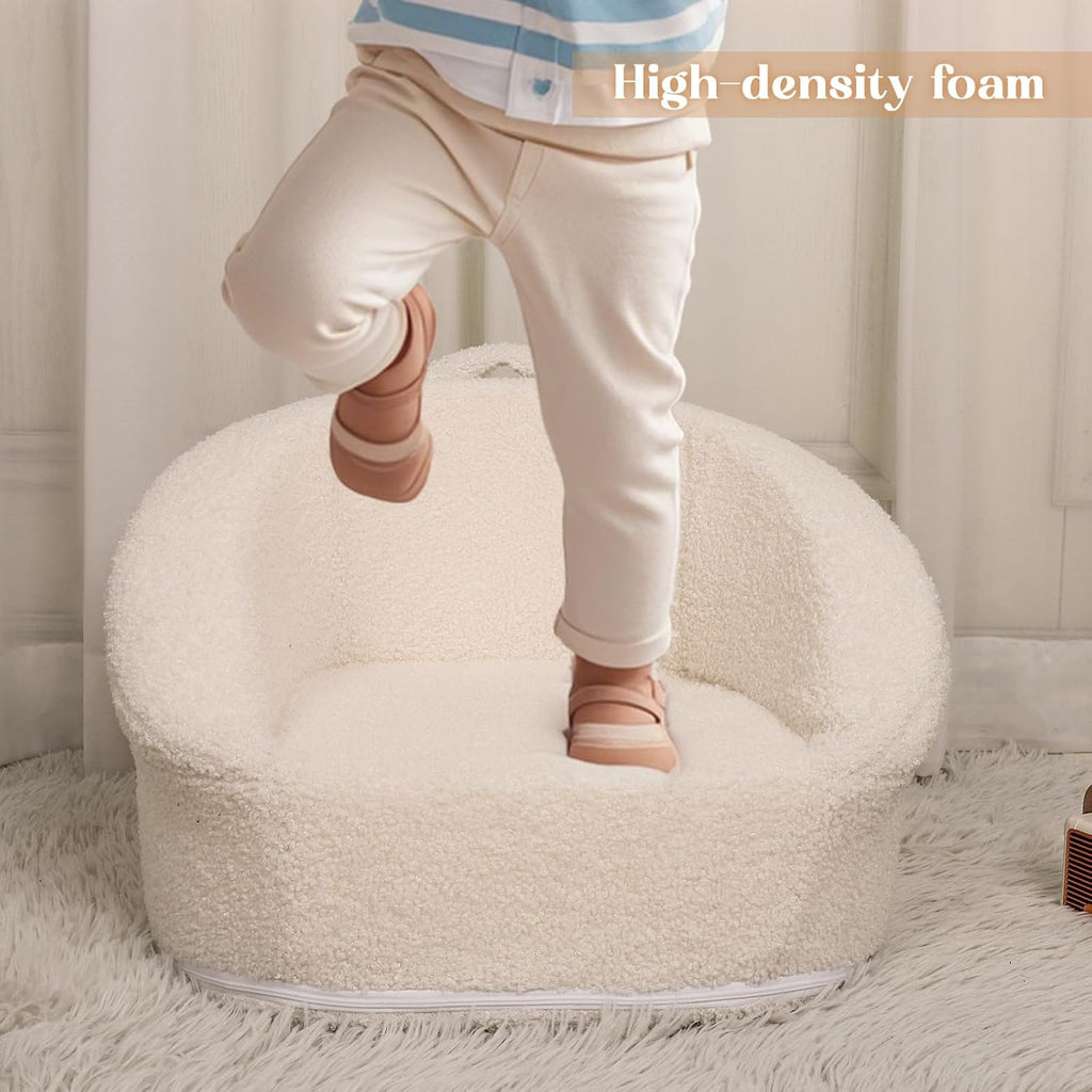 Mini Toddler Chair Comfy - 17.3'' Compact Kids Couch with Carry Handle, Soft Teddy Plush Toddle Chair, Washable Cover & Sturdy Design for Nursery & Playroom - White