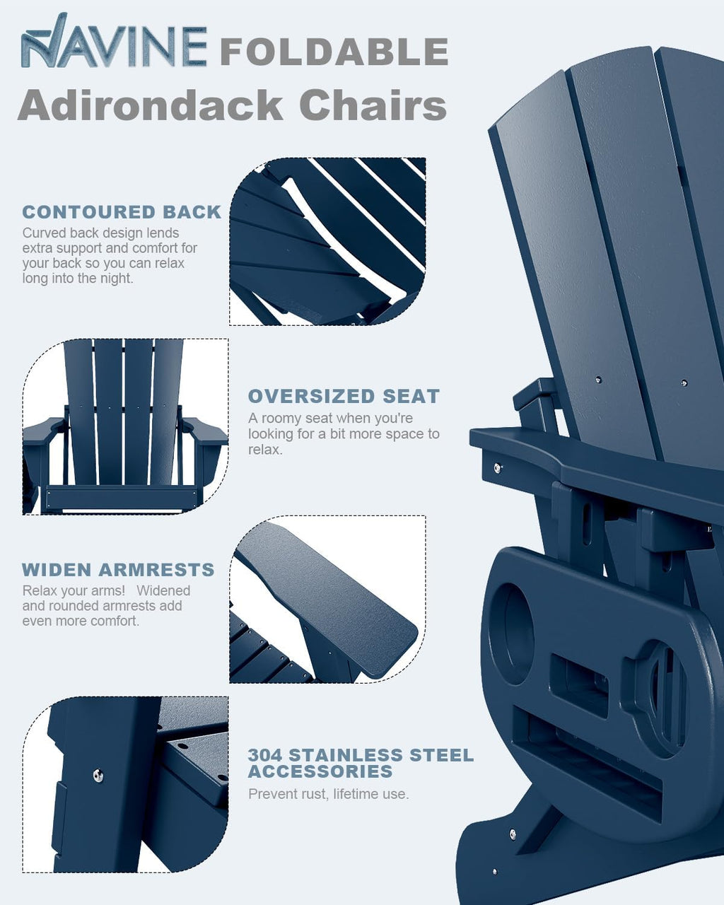 Adirondack Chair Set of 4, HDPE Folding Adirondack Chair with Multifunctional Cup Holder, Weather Resistant Fire Pit Chair for porches, patios, poolsides, Decks.