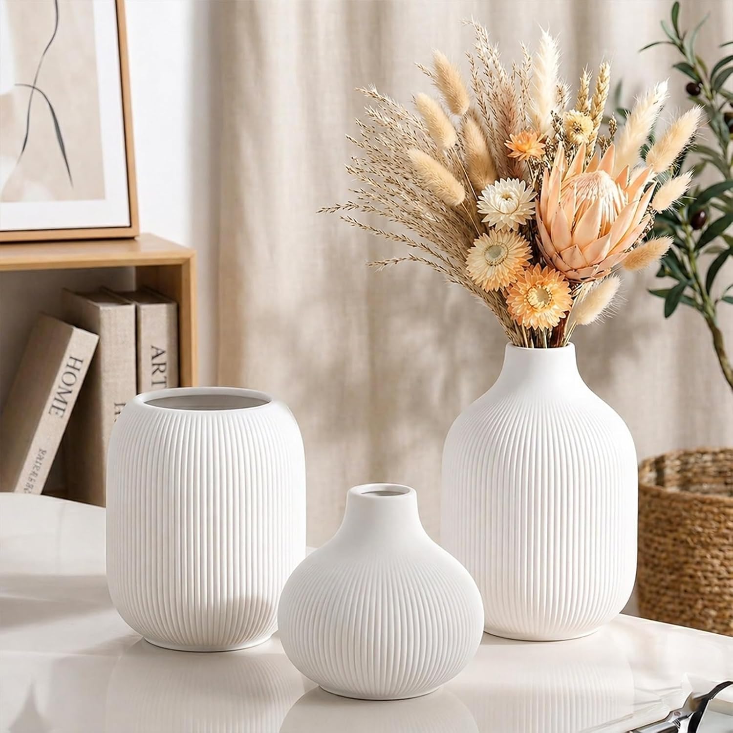 Ceramic Vase Set for Decor, Small Bud Vases, Pastel Decorative Vases for Table, Shelf, Living Room, Kitchen, Nursery, Dorm, (White)