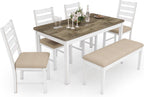 ROCSUMOO Farmhouse Dining Table Set with 4 Chairs and 1 Bench, 59" White Kitchen Table Set, Rectangular Dinner Room Table & Chairs Set Wood (4 Chairs & 1 Bench)