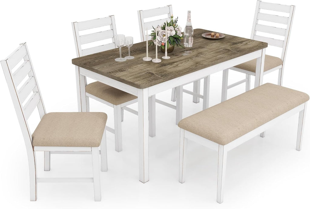 ROCSUMOO Farmhouse Dining Table Set with 4 Chairs and 1 Bench, 59" White Kitchen Table Set, Rectangular Dinner Room Table & Chairs Set Wood (4 Chairs & 1 Bench)
