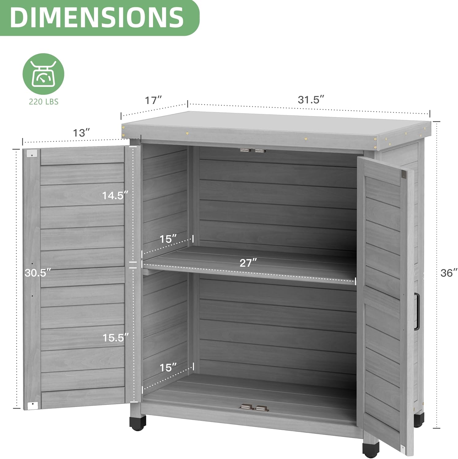 Potting Bench with Storage Cabinet and Metal Table Top for Outdoor Patio, Garden Furniture Wood Workstation (Grey, 31x17x36‘’)