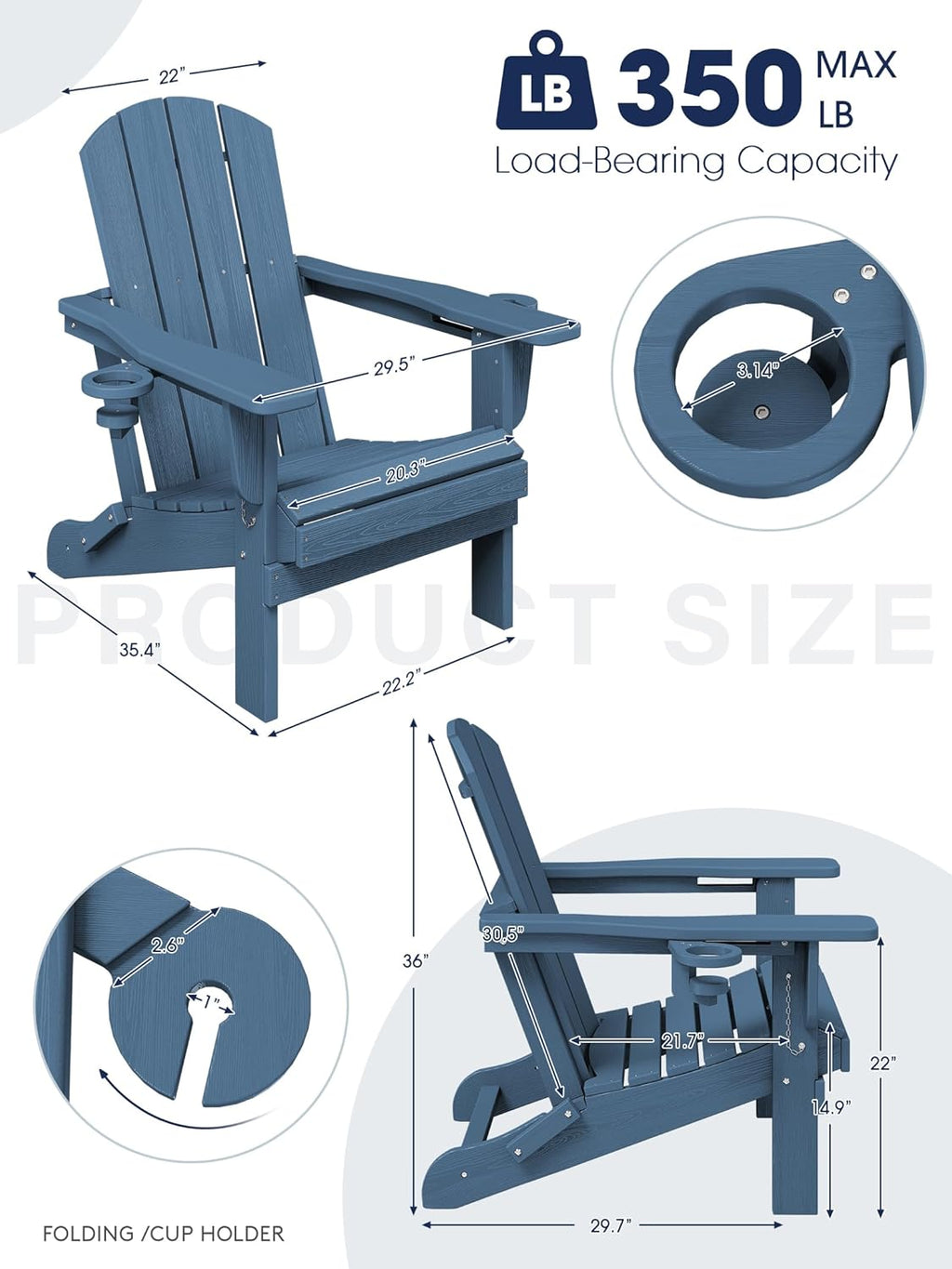 KINGYES Folding Adirondack Chair Set of 4, Dual Cup Holders & All-Weather HDPE, Wood-Like Patio Chair for Backyard, Camping, Pool & Fire Pit, Navy