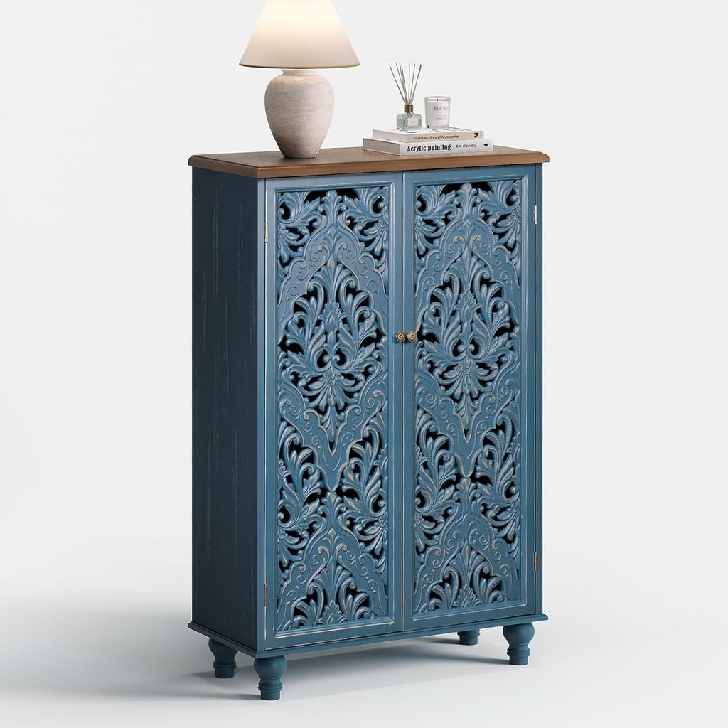 Jiansu furni Buffet Sideboard Cabinet with Hand-Carved Doors,Tall Storage Cabinet for Dining Room, Vintage Wood Accent Cabinet with Shelves, Slim Floor Cupboard for Kitchen & Entryway(Blue & Walnut)