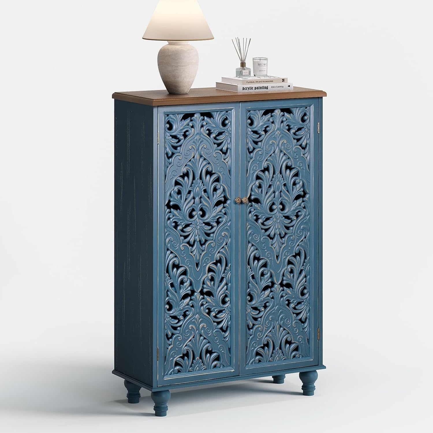 Jiansu furni Buffet Sideboard Cabinet with Hand-Carved Doors,Tall Storage Cabinet for Dining Room, Vintage Wood Accent Cabinet with Shelves, Slim Floor Cupboard for Kitchen & Entryway(Blue & Walnut)