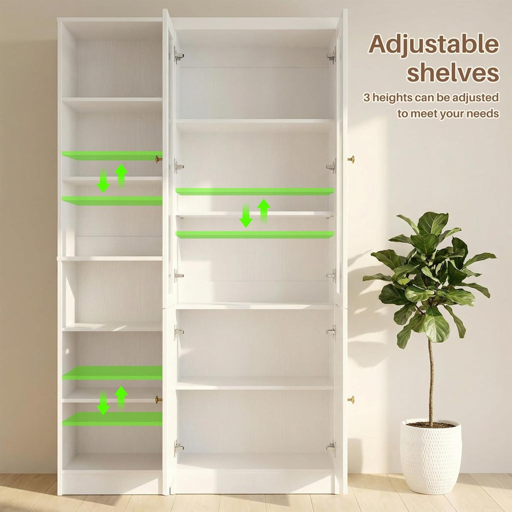 Cyclysio 80" Tall Pantry Cabinet with Tempered Glass Doors, Kitchen Cabinet with Anti-Tipping Device and Adjustable Shelves, Versatile Cupboard for Kitchen, Dining, Set of 2 (White)