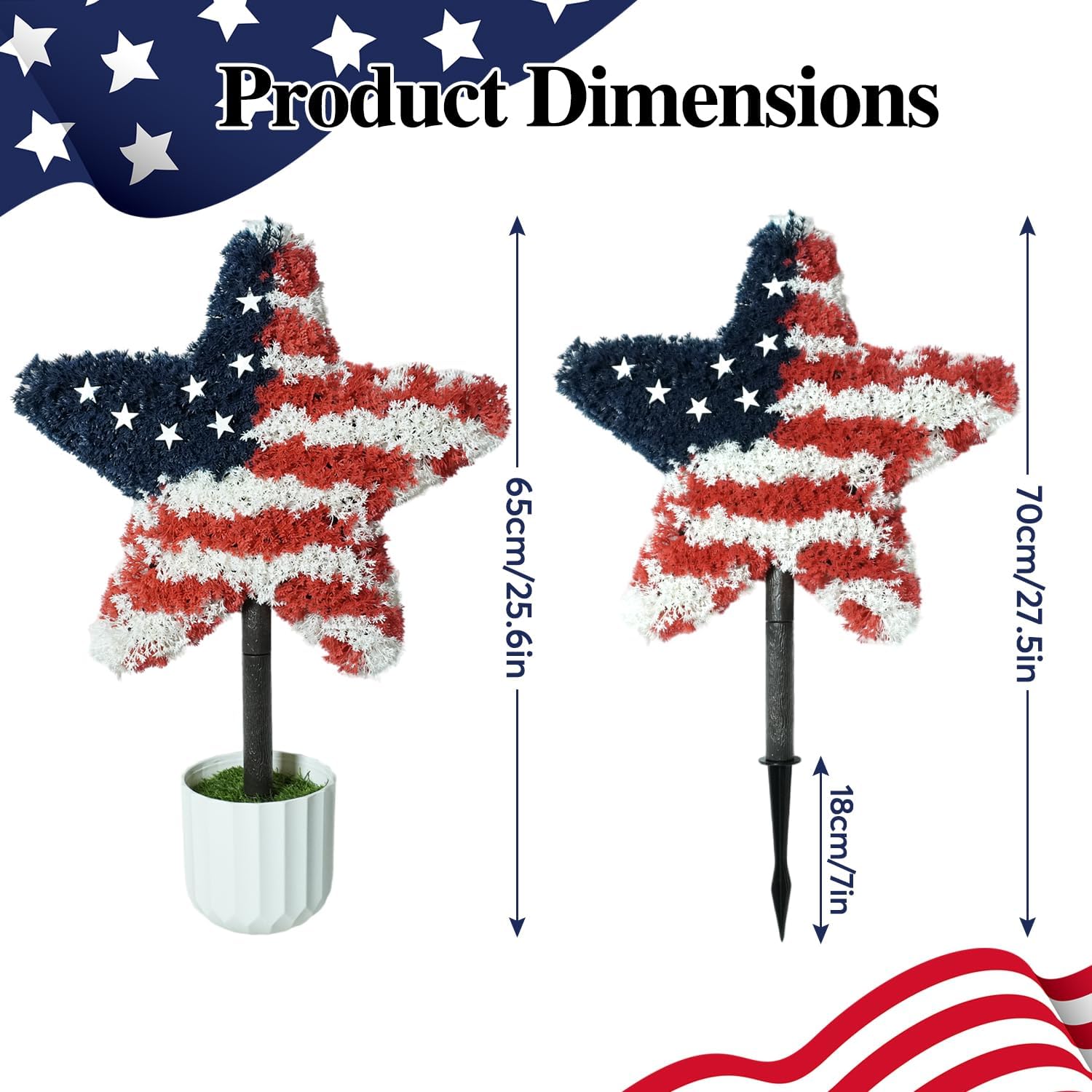 2 Pack Star Topiary Trees for 4th of July Decoration, Outdoor Artificial Plant with Pot & Ground Spike, Front Porch Star Shaped Patriotic Decor w/4 USA Flags, for Memorial Day Independence Day
