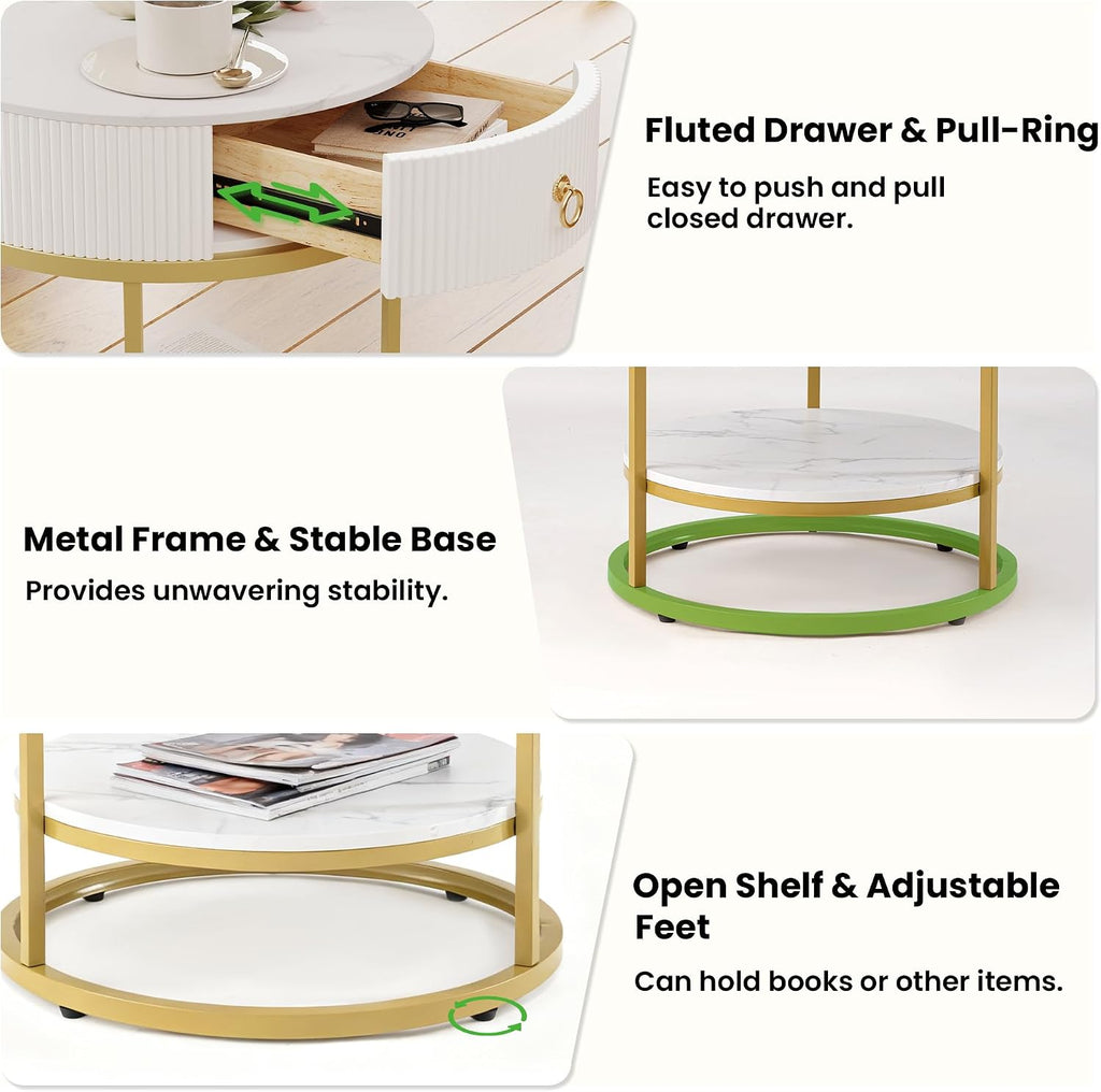 COSIEST Round Side Table with Drawer, Modern Tall Nightstand with Faux Marble Tabletop, 2-Tier Small Round End Table, Wood Bedside Table for Living Room, Bedroom, Dorm, Small Spaces, White and Gold