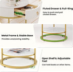 COSIEST Round Side Table with Drawer, Modern Tall Nightstand with Faux Marble Tabletop, 2-Tier Small Round End Table, Wood Bedside Table for Living Room, Bedroom, Dorm, Small Spaces, White and Gold