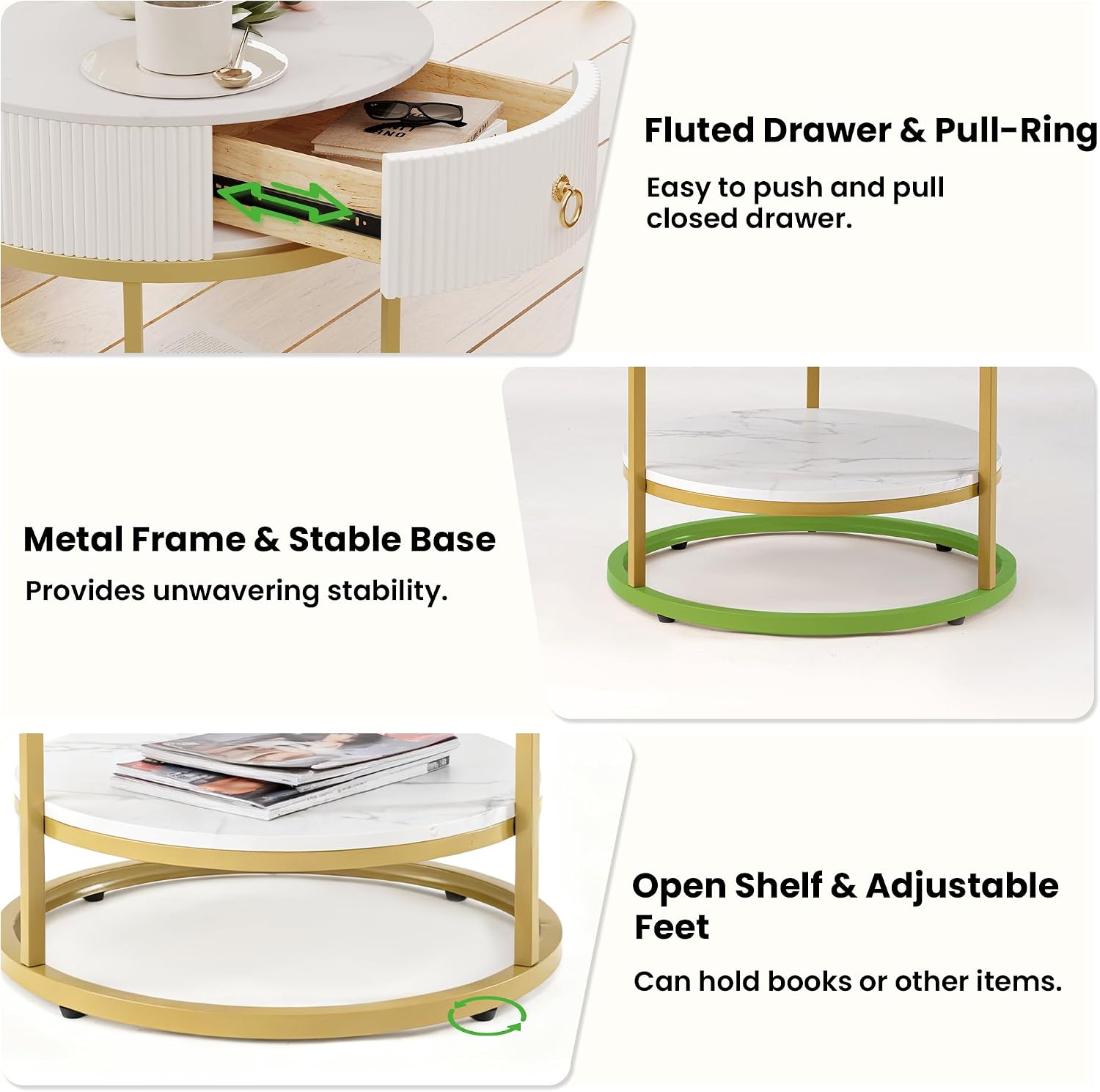 COSIEST Round Side Table with Drawer, Modern Tall Nightstand with Faux Marble Tabletop, 2-Tier Small Round End Table, Wood Bedside Table for Living Room, Bedroom, Dorm, Small Spaces, White and Gold