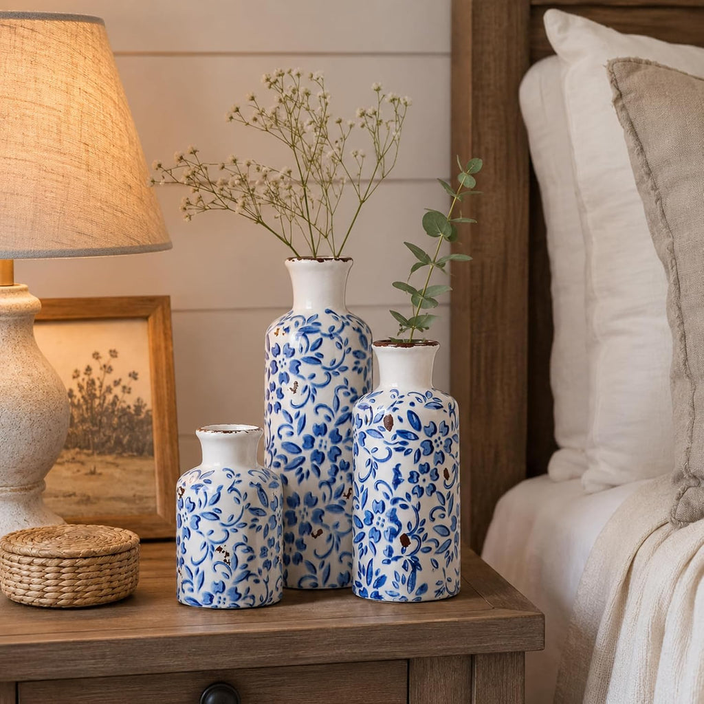 Blue and White Ceramic Vase Set of 3 – Vintage Floral Porcelain Pottery Vases, Rustic Decorative Vases for Flowers, Farmhouse Chinoiserie Home Decor, Table, Mantel, Living Room & Shelf Centerpieces