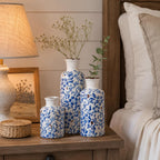 Blue and White Ceramic Vase Set of 3 – Vintage Floral Porcelain Pottery Vases, Rustic Decorative Vases for Flowers, Farmhouse Chinoiserie Home Decor, Table, Mantel, Living Room & Shelf Centerpieces