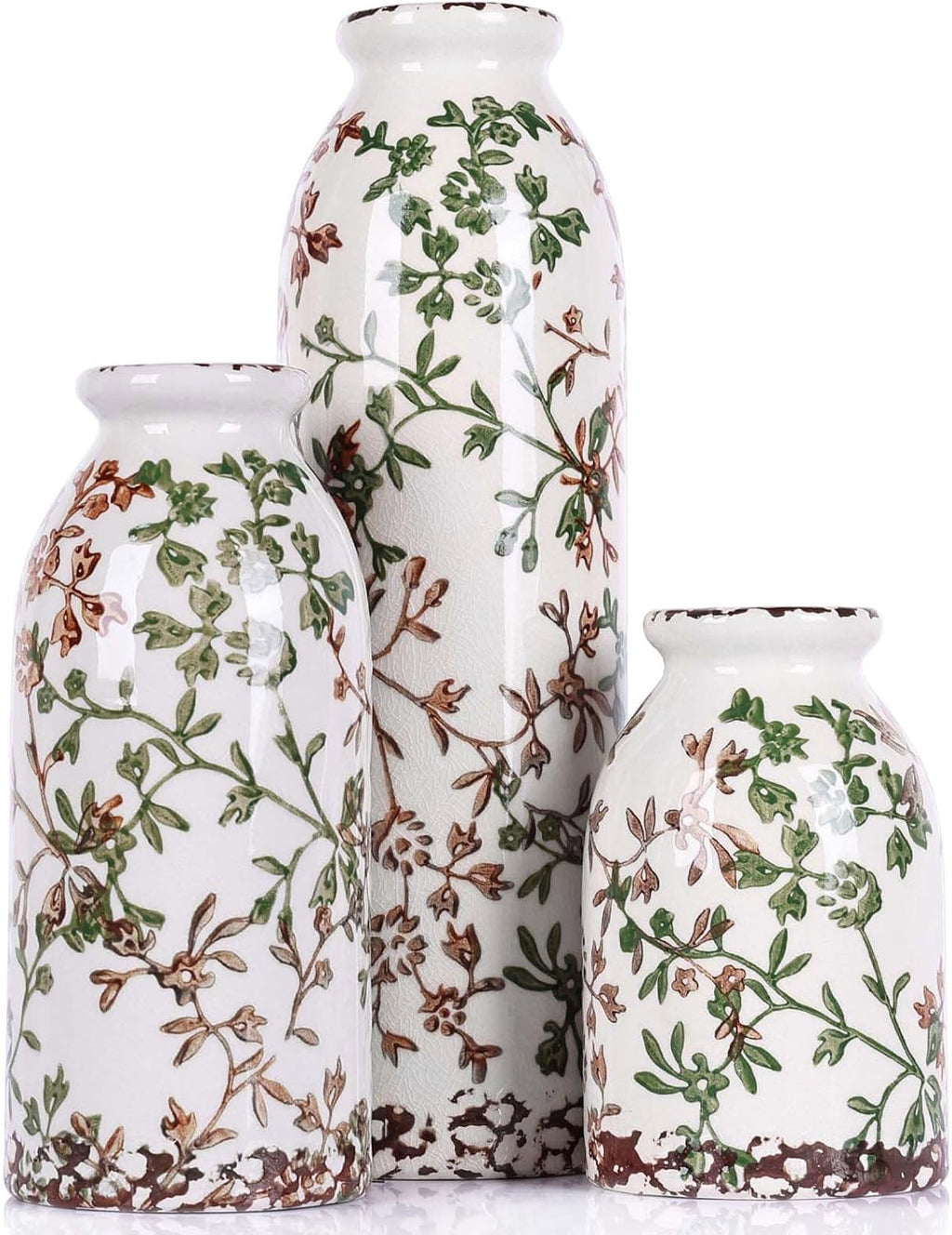 Green Ceramic Vase Set of 3 - Modern Rustic Farmhouse Style, Decorative Vases for Dining Table, Shelf, Bedroom, Living Room, Kitchen, Office, Bathroom, Mantle, Centerpiece Décor (Green)