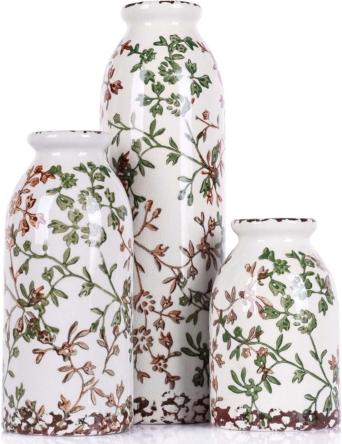 Green Ceramic Vase Set of 3 - Modern Rustic Farmhouse Style, Decorative Vases for Dining Table, Shelf, Bedroom, Living Room, Kitchen, Office, Bathroom, Mantle, Centerpiece Décor (Green)