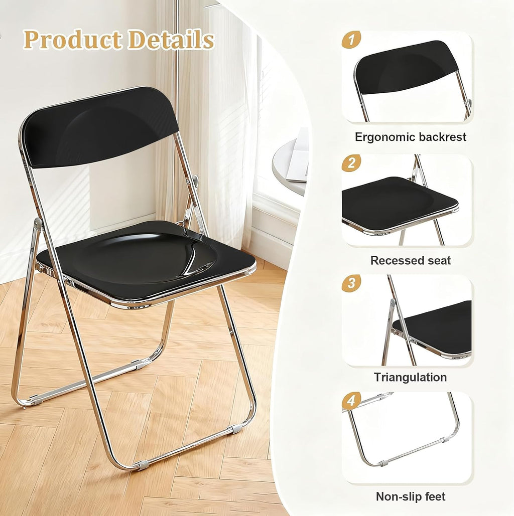 Folding Chair, 2 Pack Acrylic Chair, Black | Space-saving acrylic folding chair,easy fold & store.Holds up to 300 lbs,comfortable for home,office,parties and daily use.