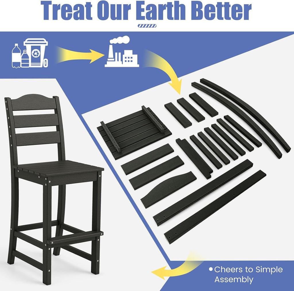 Tangkula Patio HDPE Barstool, Outdoor High Top Bar Chair w/Backrest & Footrest, All-Weather Wood-Plastic Bar Height Chair for Poolside, Backyard, Porch (4, Black)
