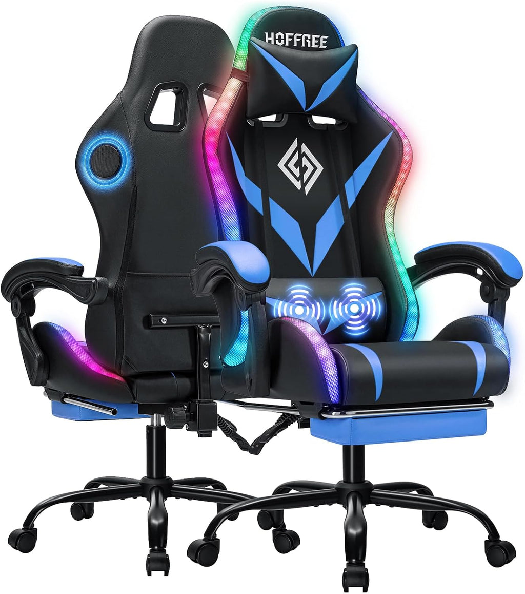 RGB Gaming Chair with Bluetooth Speakers and LED Lights Ergonomic Massage Computer Gaming Chair with Footrest Video Game Chair High Back with Lumbar Support Blue and Black