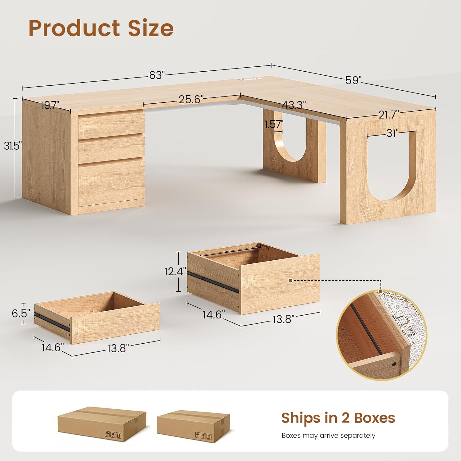 SEDETA 63" L Shaped Desk with 3 Drawers, Modern Executive Office Desk with File Drawer, Wood Corner Computer Desk with Relief Texture, Home Office Desk with Power Outlet, Natural