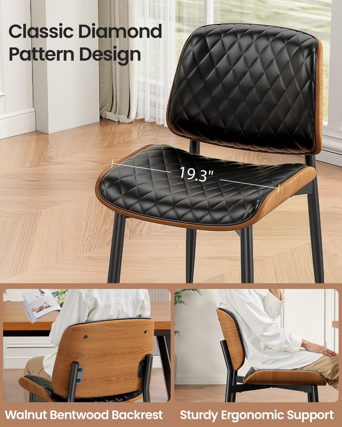 REONEY Dining Chairs Set of 2, Mid-Century Modern Upholstered PU Leather Chairs with Walnut Back and Metal Legs Adjustable Feet for Kitchen Dining Room, Black Diamond Plaid
